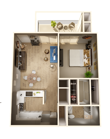 Floor plan for 1 bed, 1 bath, 750 sqft